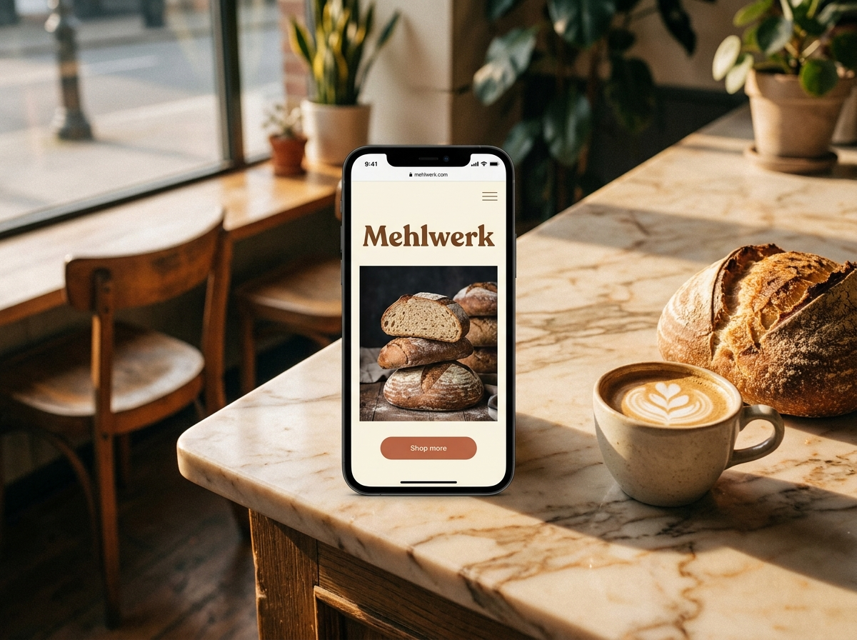 Mehlwerk — mobile Website einer Bäckerei auf einem Smartphone