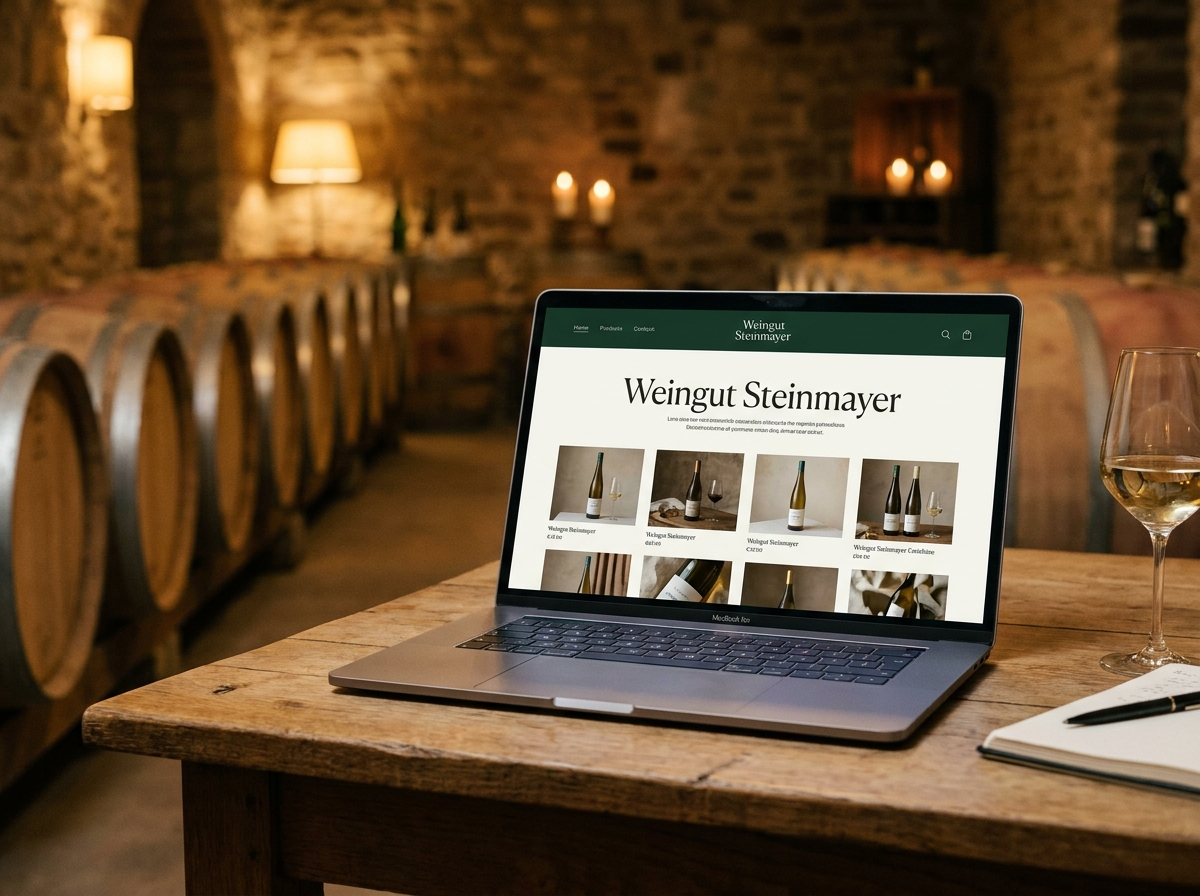 Weingut Steinmayer — Online-Shop auf einem Laptop im Weinkeller